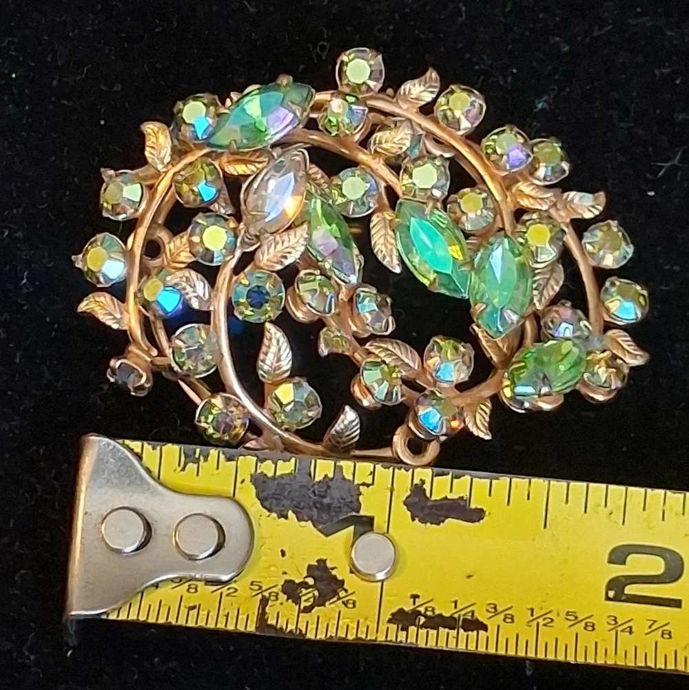 Goldtone Vines And Leaves Brooch With Green And Ab Rhinestones